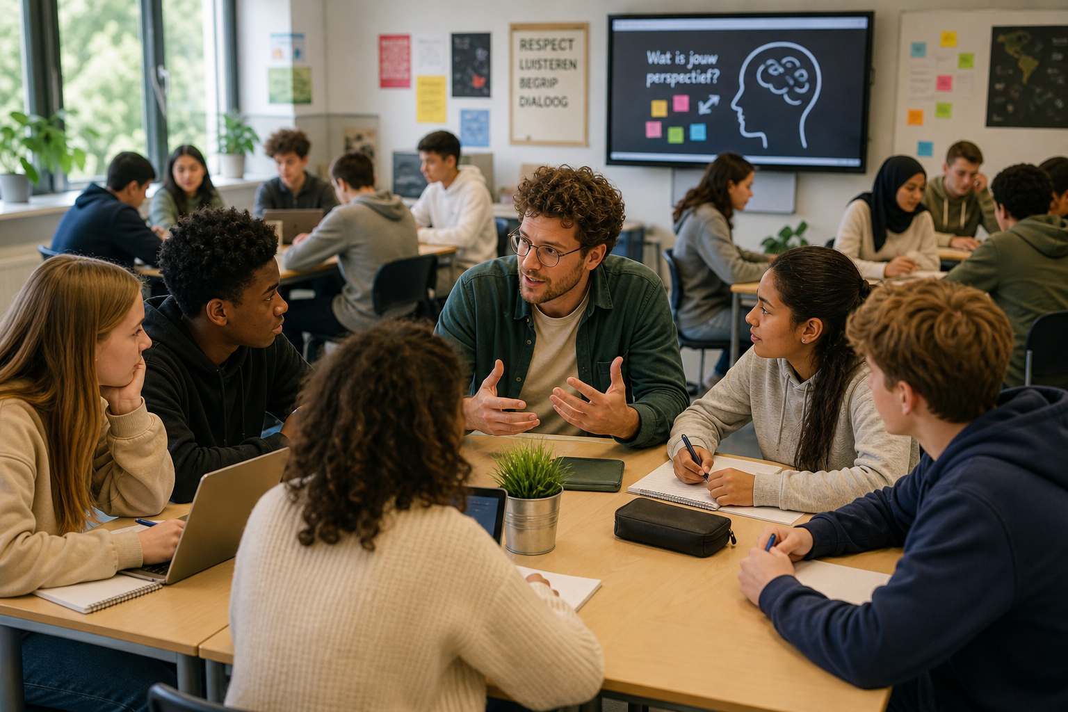 Docent in gesprek met groep leerlingen aan tafel in een klas
